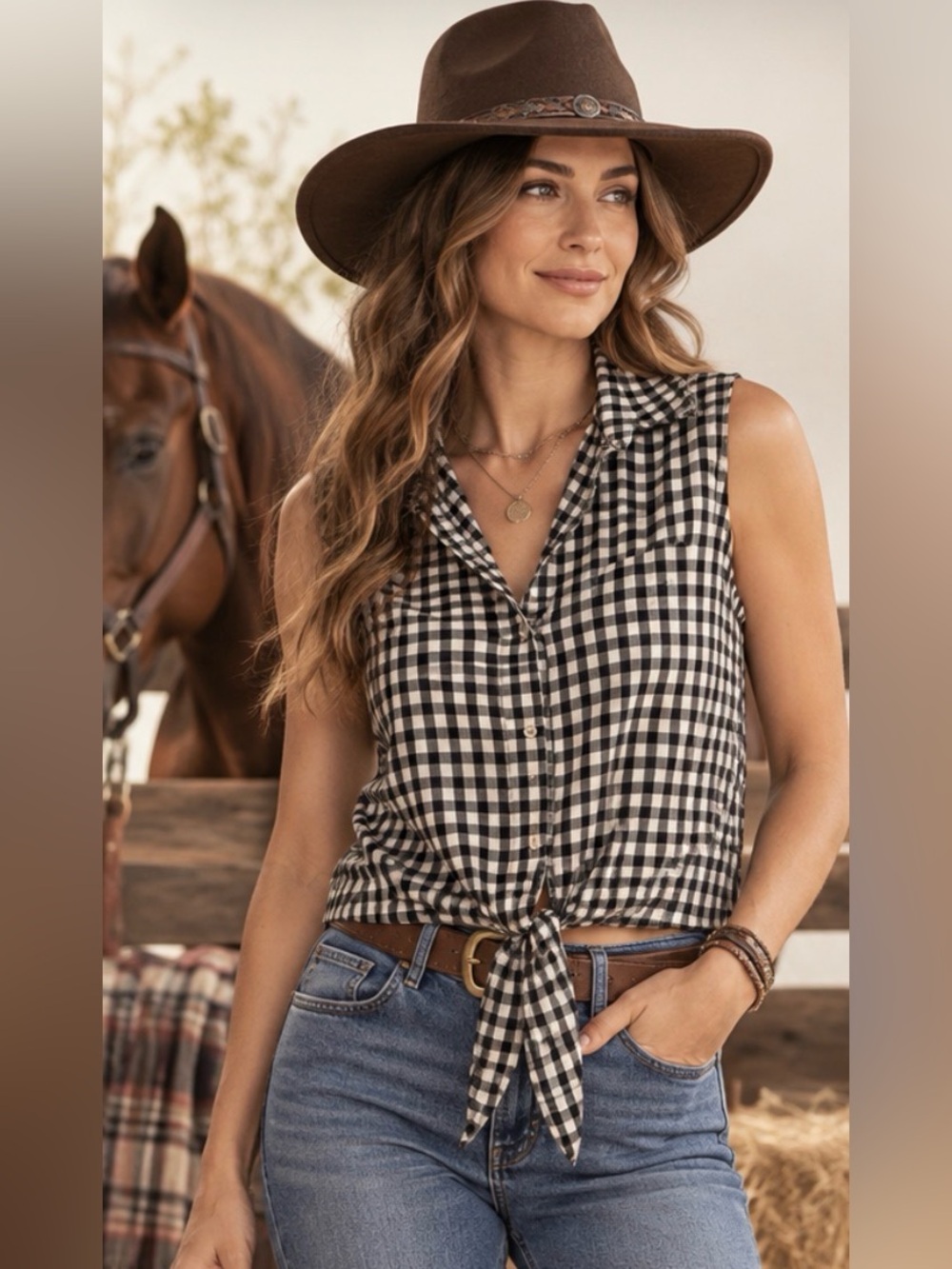 Ralph Lauren Black White Gingham Western Equestrian Button Sleeveless Shirt L